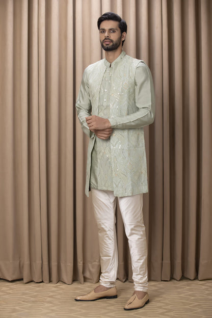 Mens Javed Green Georgette Nehru Jacket Set