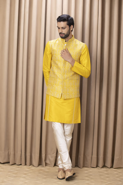 Mens Fahad Yellow Cotton Nehru Jacket