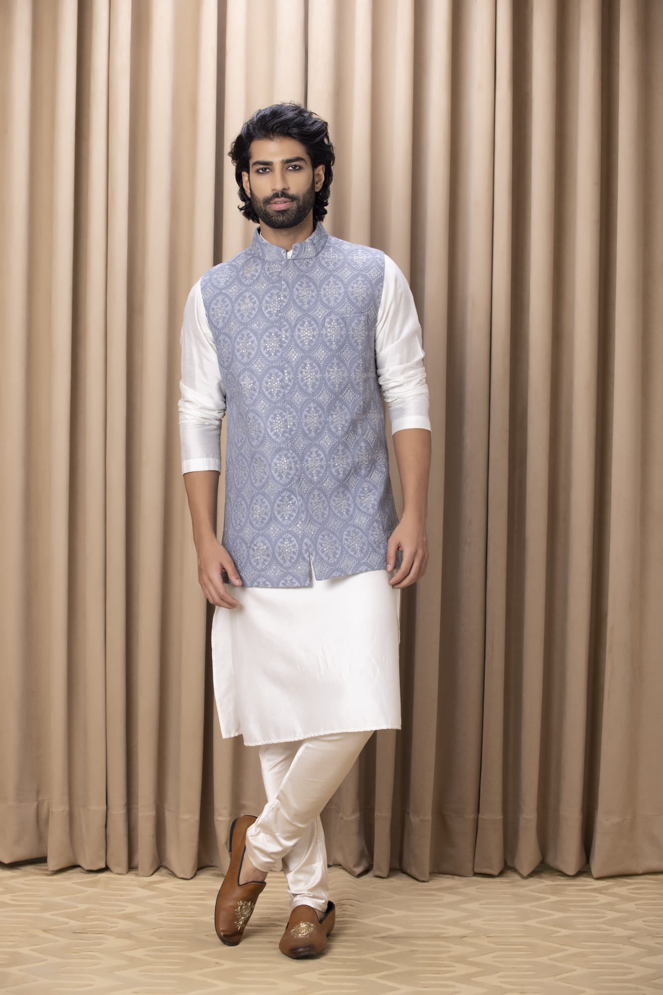 Mens Shah Grey Georgette Nehru Jacket Set