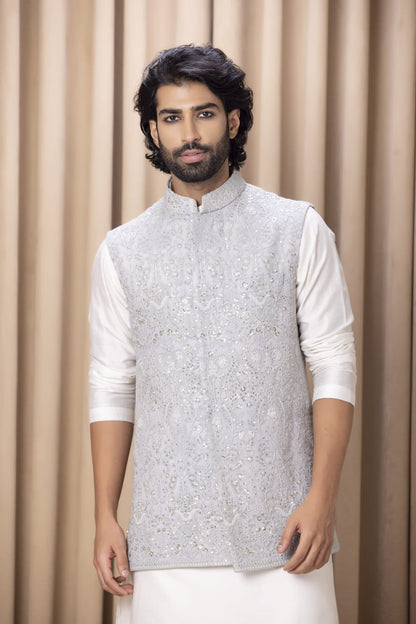 Mens Zain Grey Georgette Nehru Jacket Set