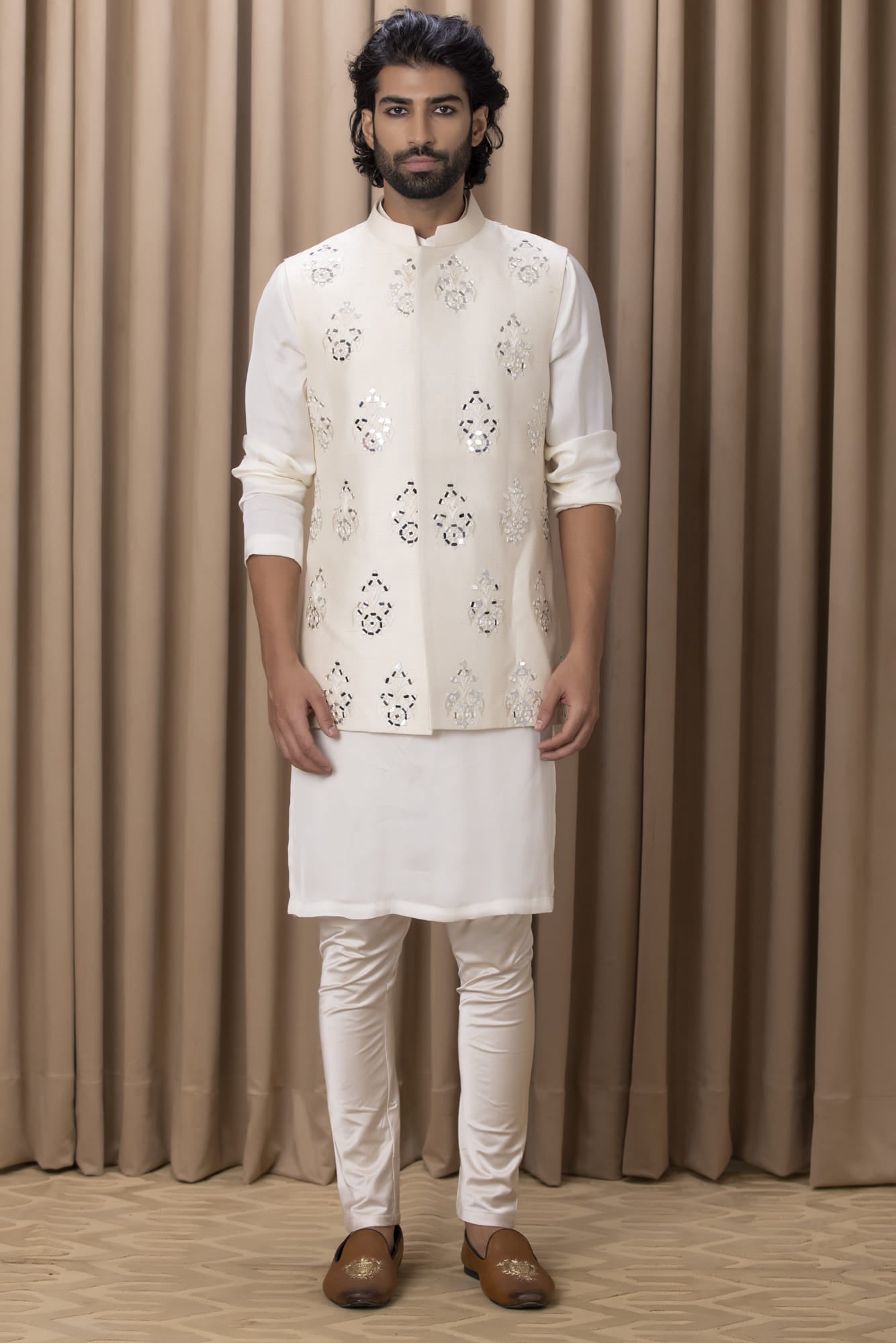 Mens Haseeb Beige Rawsilk Nehru Jacket Set