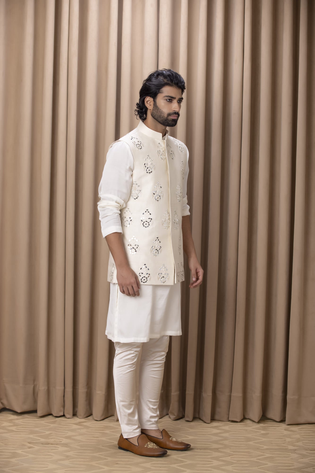 Mens Haseeb Beige Rawsilk Nehru Jacket Set