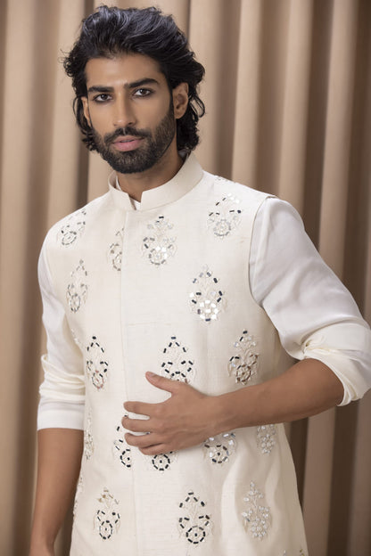 Mens Haseeb Beige Rawsilk Nehru Jacket Set