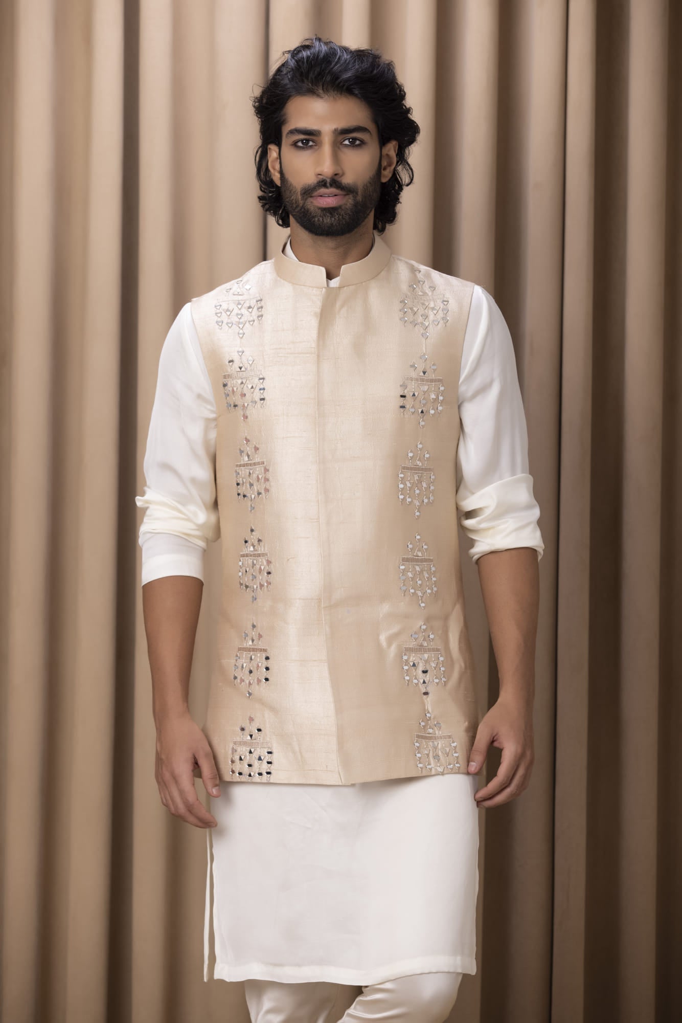 Mens Hasan Beige Rawsilk Nehru Jacket Set