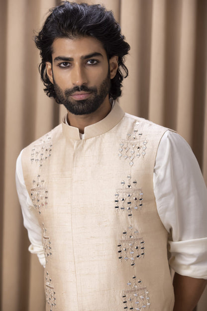 Mens Hasan Beige Rawsilk Nehru Jacket