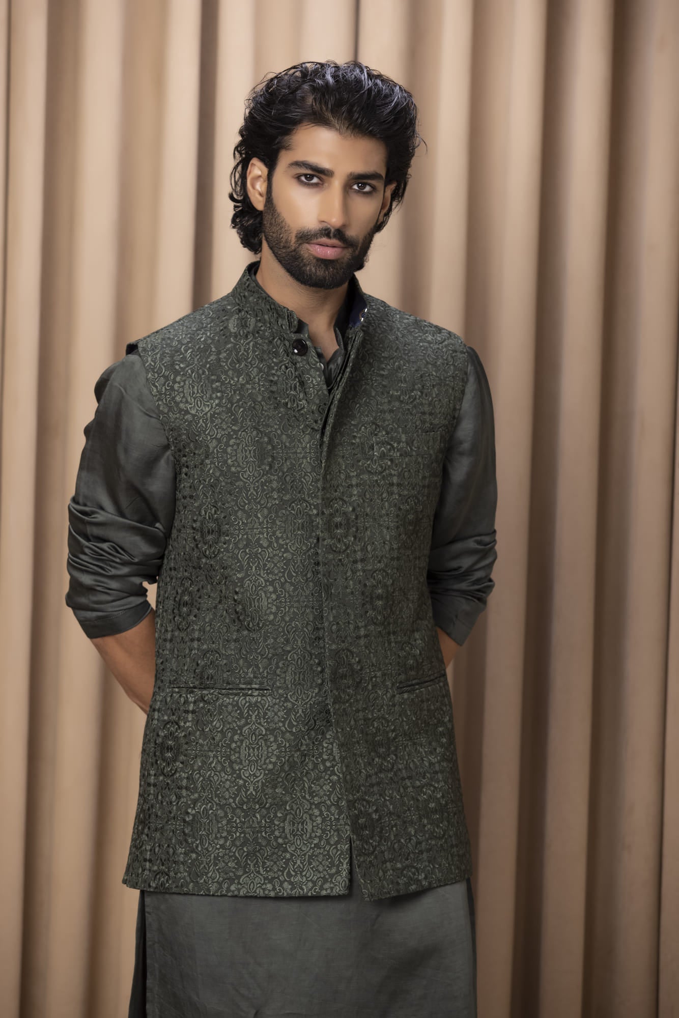 Mens Ameera Green Georgette Nehru Jacket Set