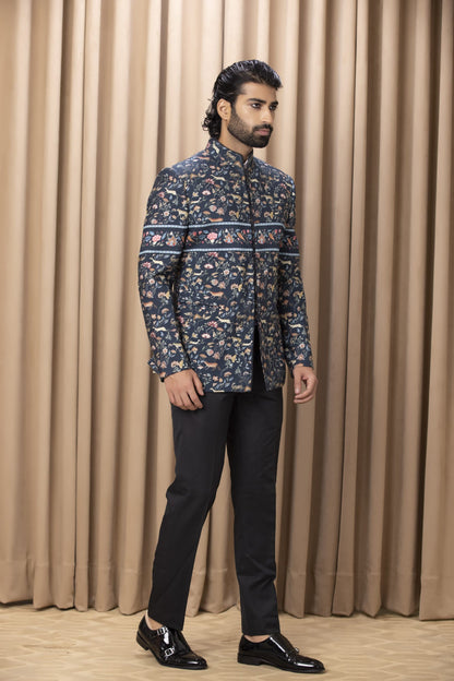 Mens Amaani Blue Cotton Bandhgala Suit Set