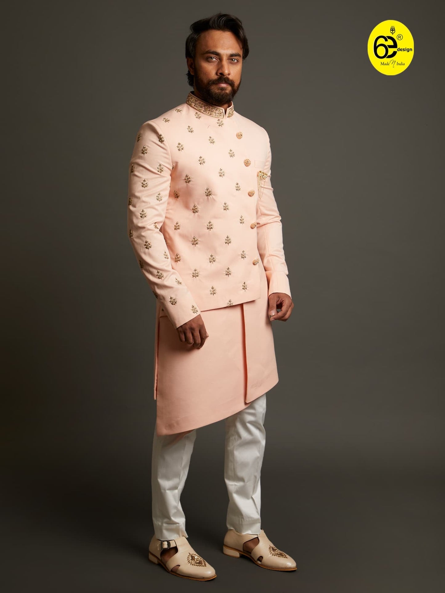 Mens 6ED Peach Terry Wool Indo Western Set