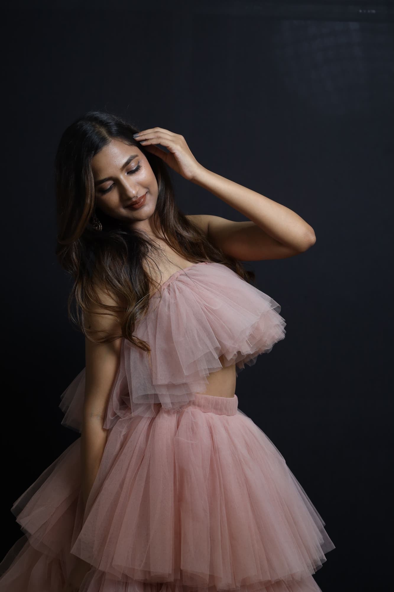 Womens Peach Pink Layered Tulle Skirt Set