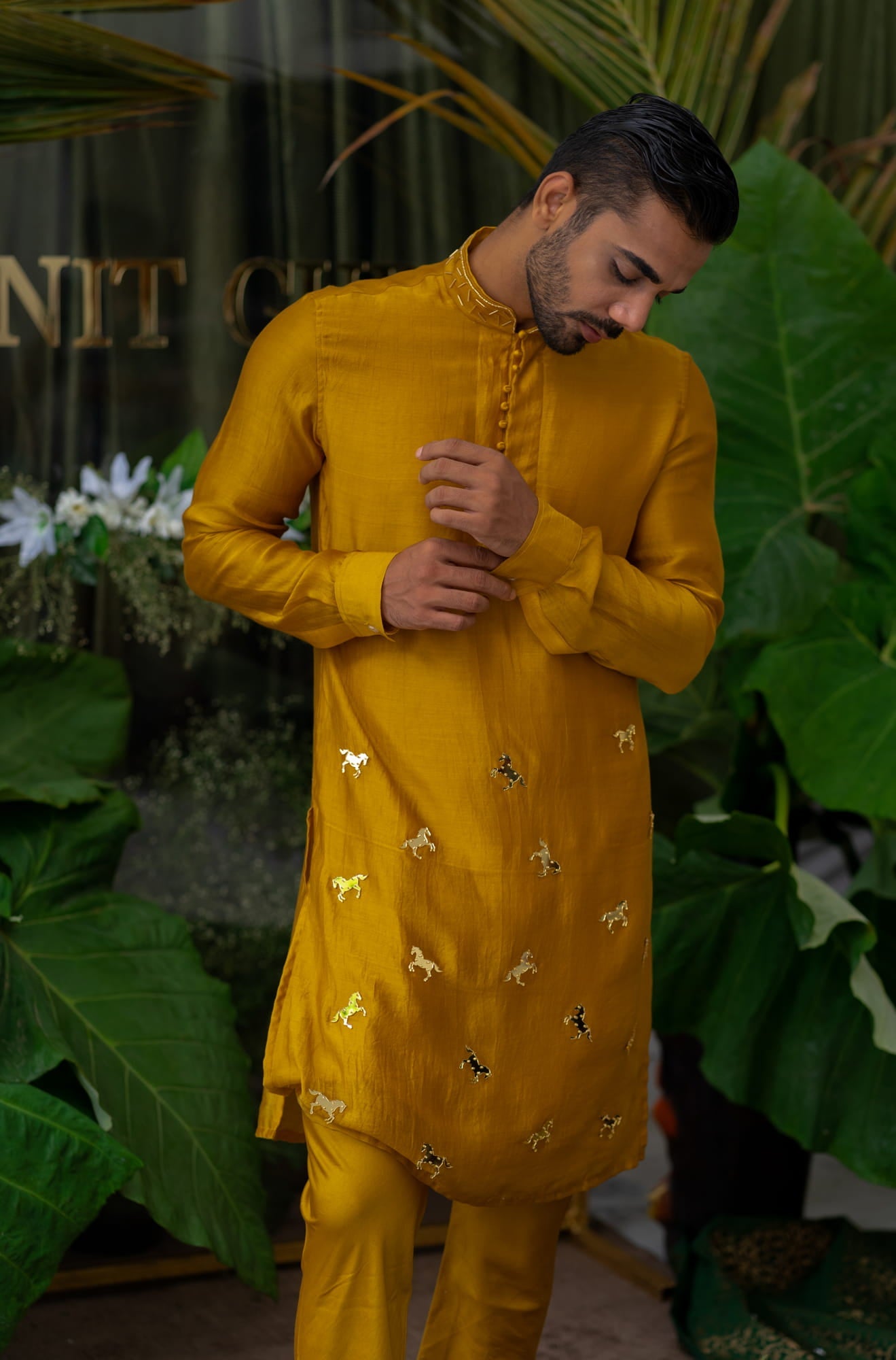 Mens Horse Yellow Chanderi Kurta Set