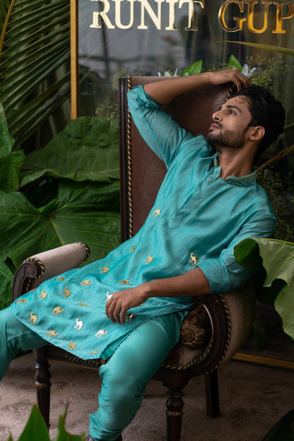 Mens Airy Blue Chanderi Kurta Set