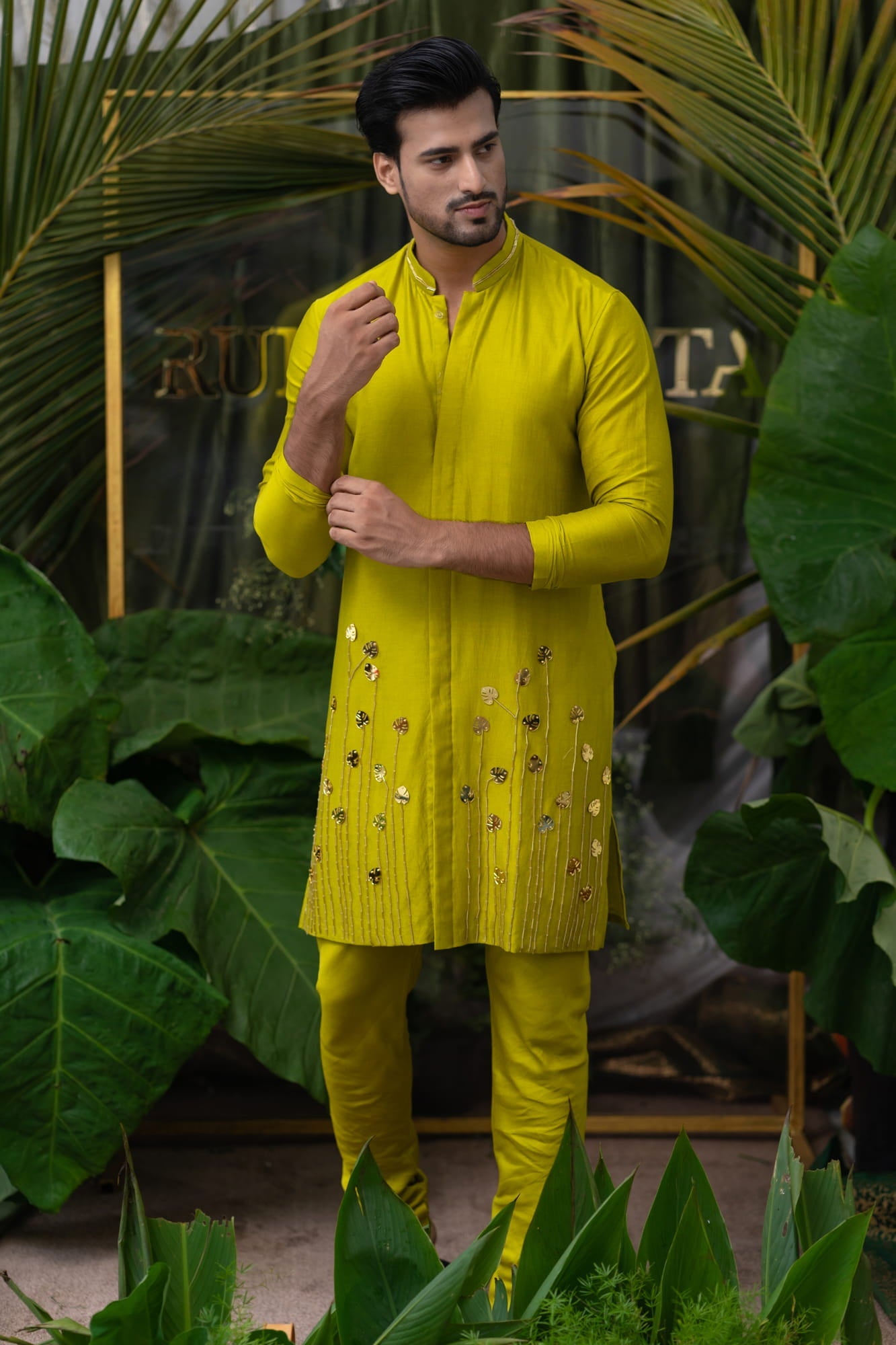 Mens Monstera Green Chanderi Kurta Set