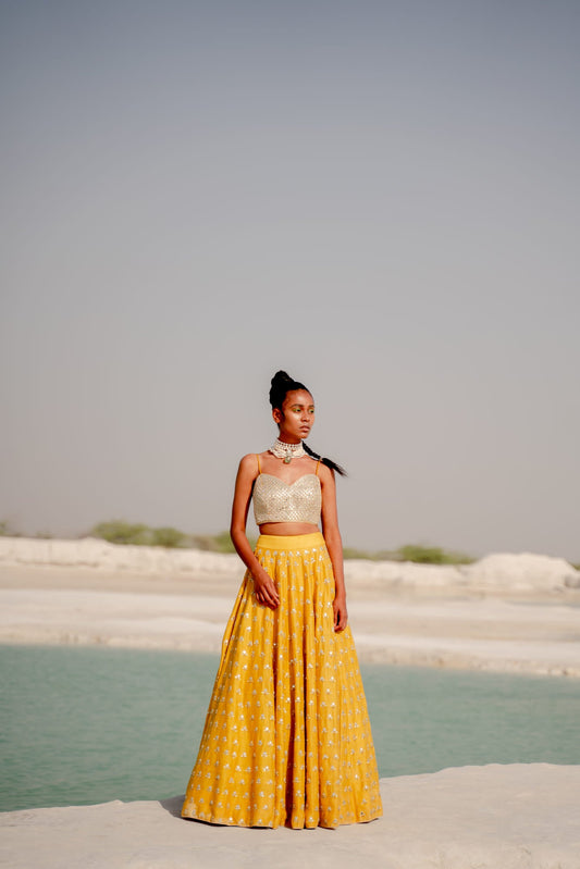 Women Wearing Yellow Lehenga Set.