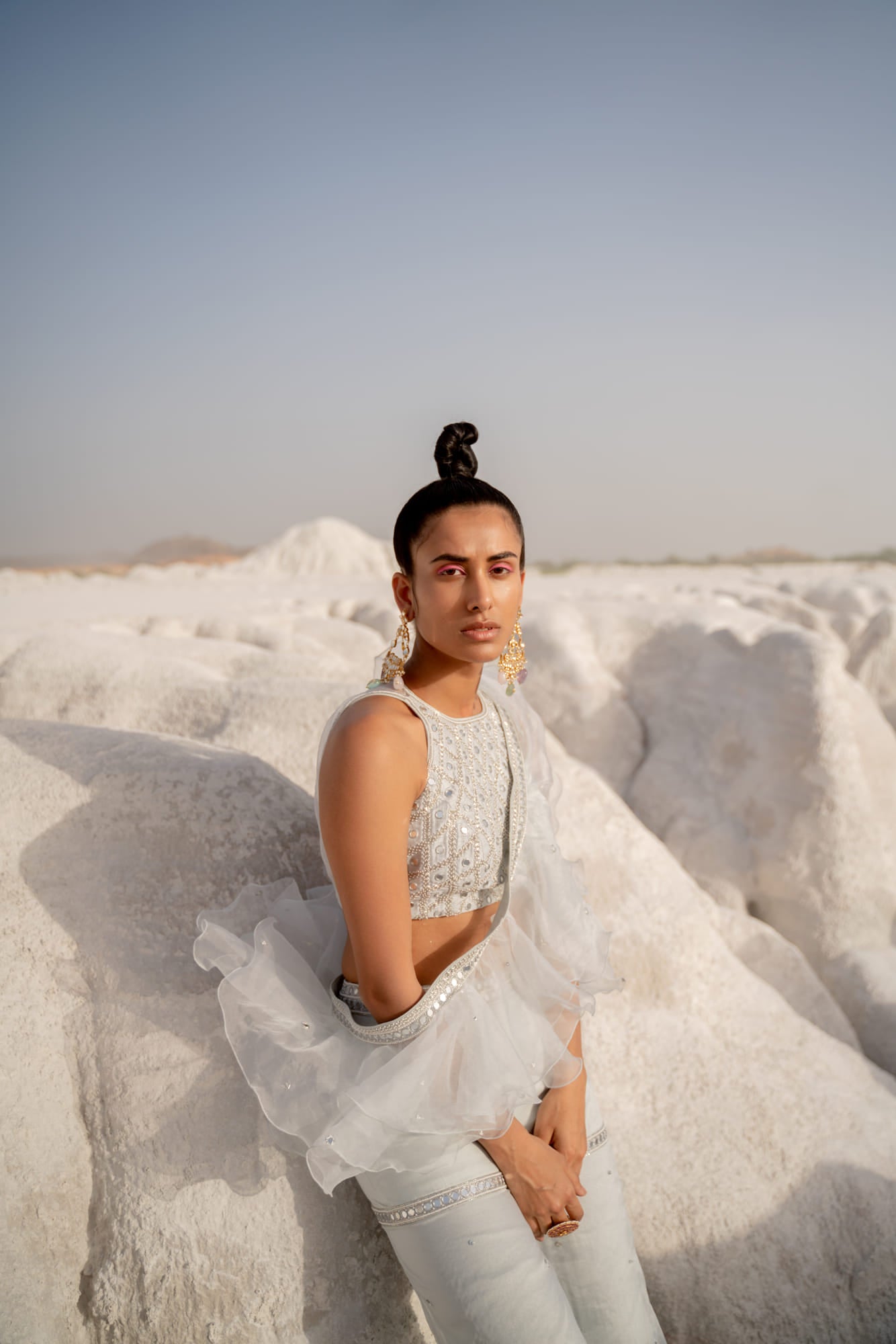 Women Wearing Blue Sharara Set.