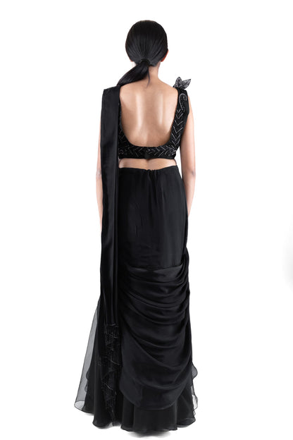 Womens Raven Black Chiffon Saree Set