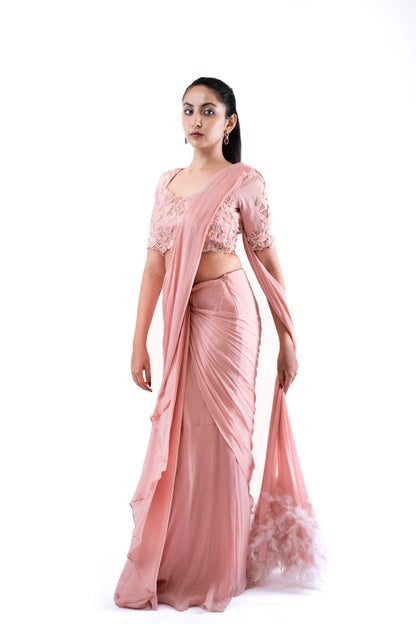Womens Rosebud Pink Chiffon Saree Set