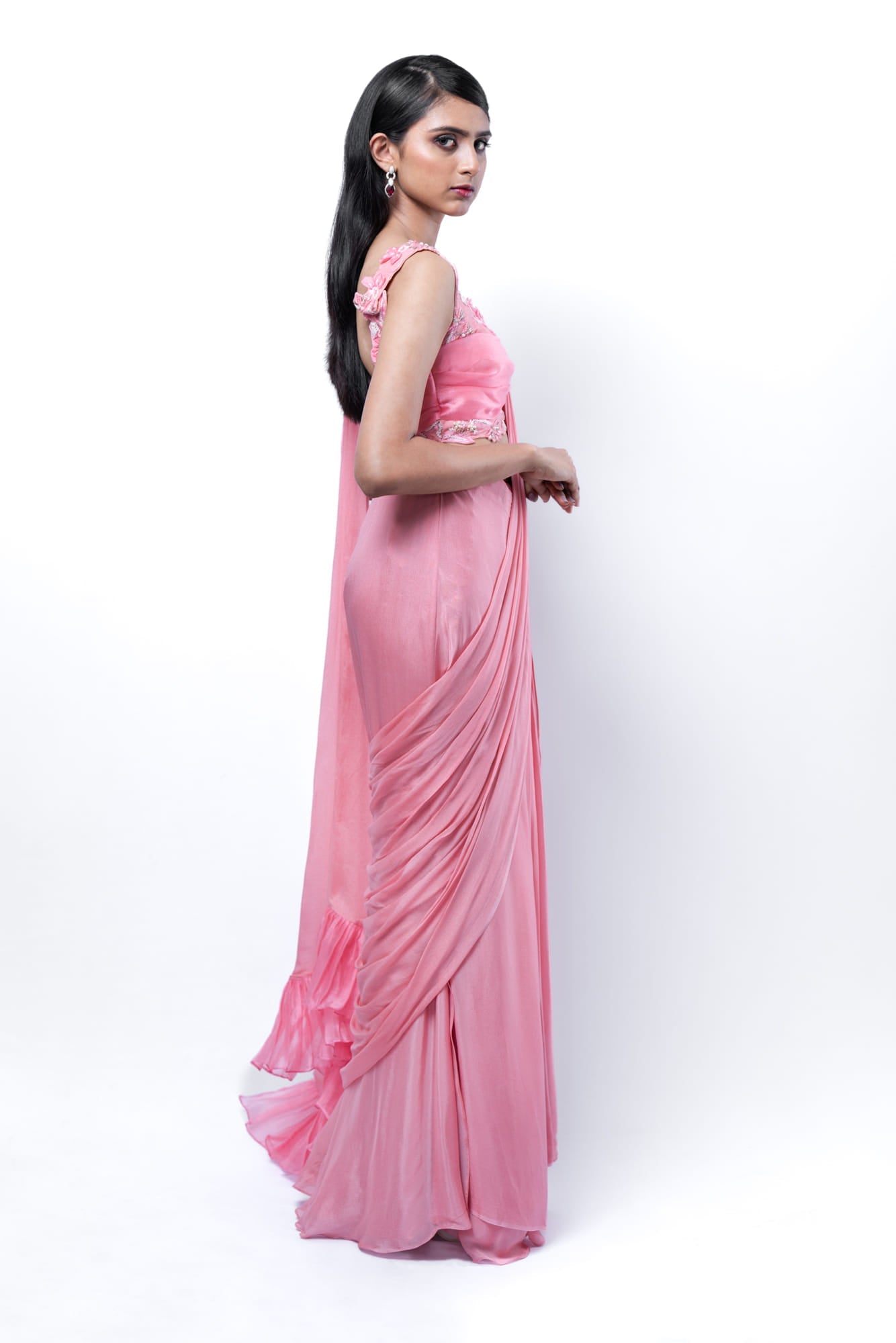 Womens Rose Pink Chiffon Saree