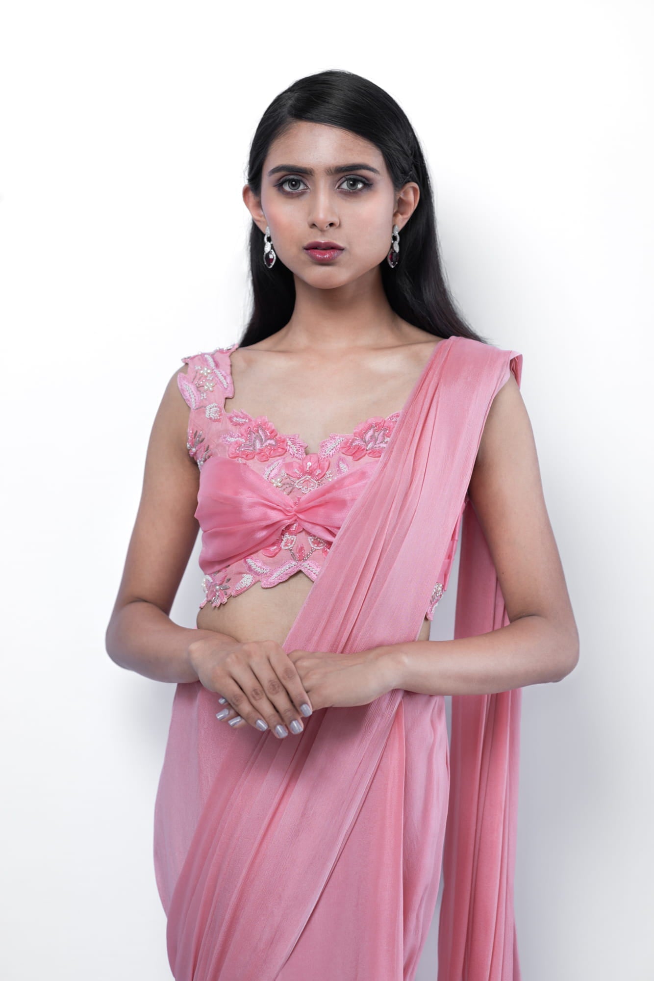 Womens Rose Pink Chiffon Saree