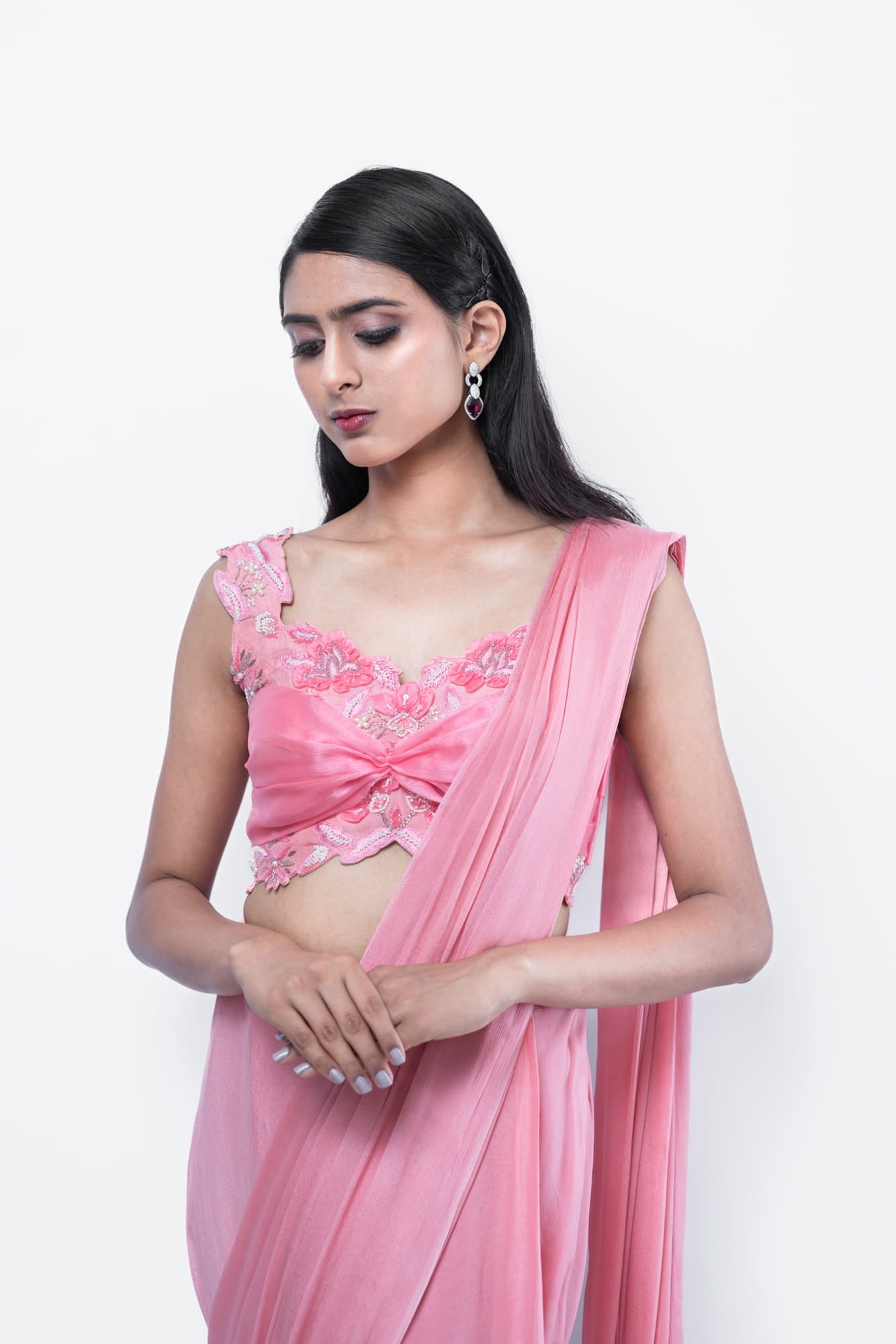 Womens Rose Pink Chiffon Saree