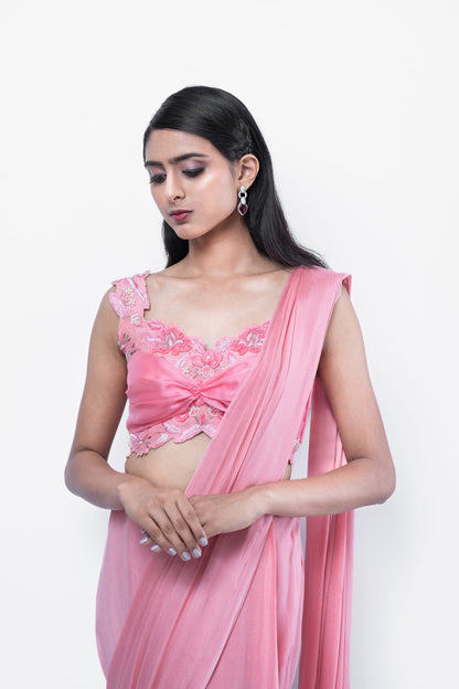 Womens Rose Pink Chiffon Saree