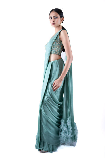 Womens Honeydew Green Silk Saree Set