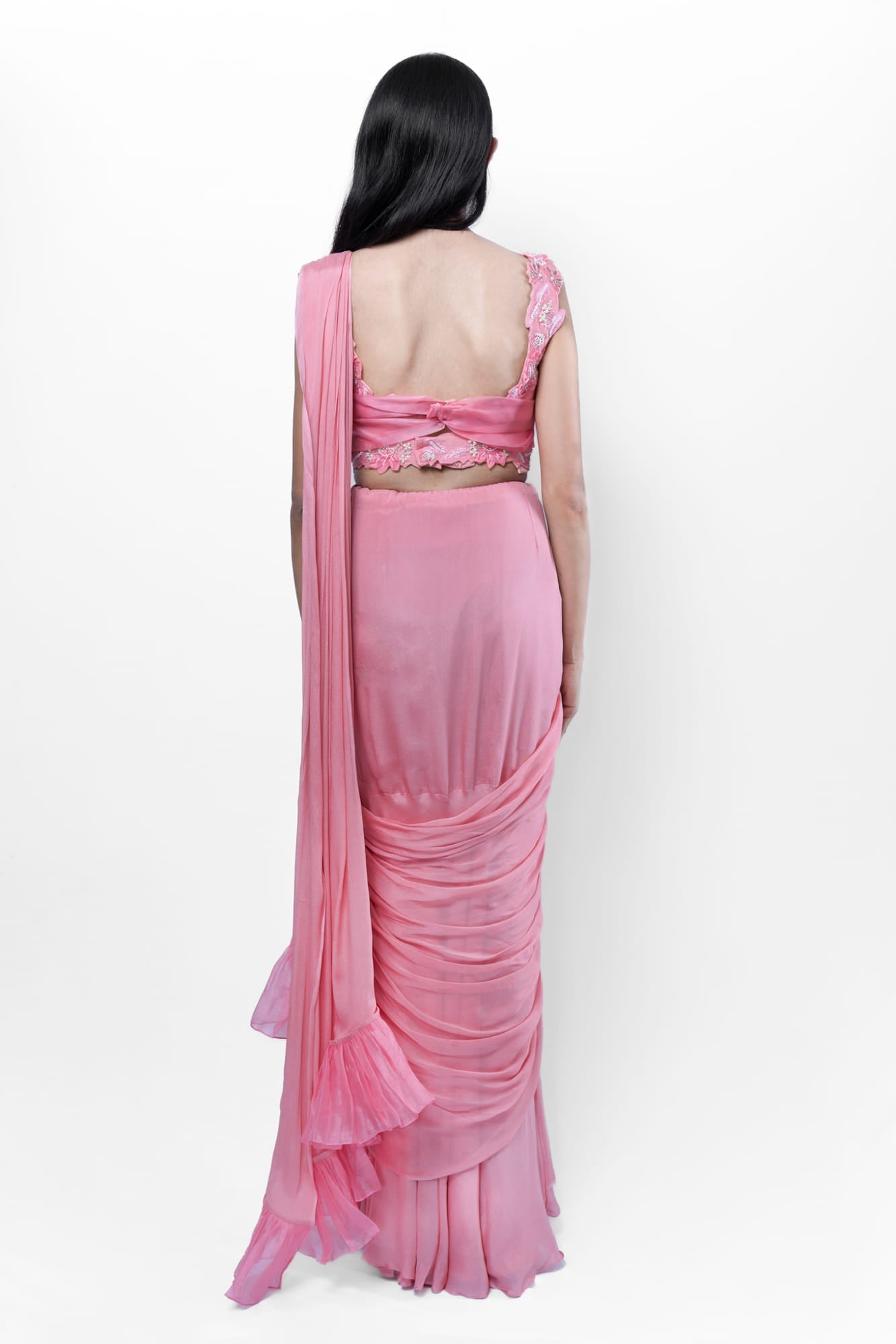 Womens Rose Pink Chiffon Saree