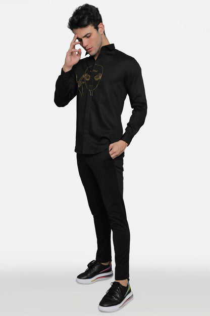 Mens Kom Potted Lion Black Cotton Shirt