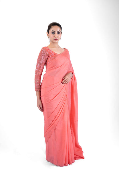 Womens Peach Chiffon Saree Set