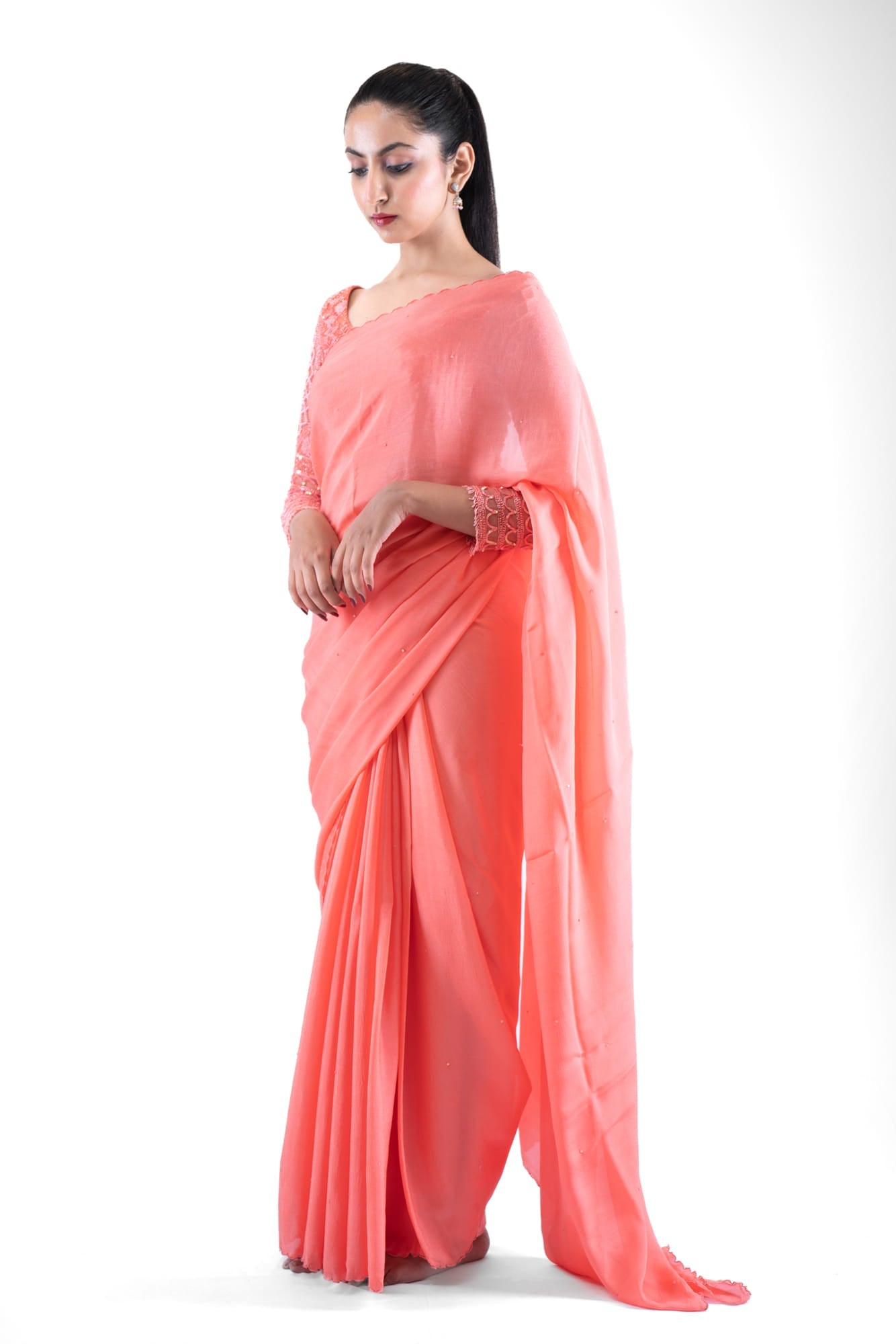 Womens Peach Chiffon Saree Set