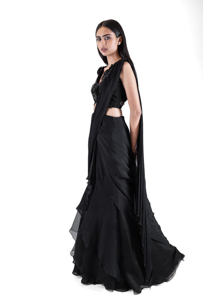 Womens Raven Black Chiffon Saree Set