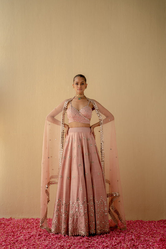 Women Wearing Pink Lehenga Set.