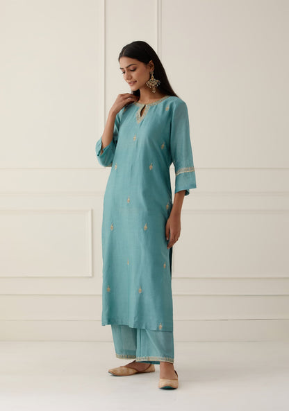 Womens Saanjh Blue Chanderi Kurta Set