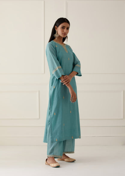 Womens Saanjh Blue Chanderi Kurta Set