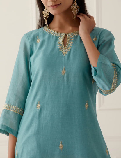 Womens Saanjh Blue Chanderi Kurta Set