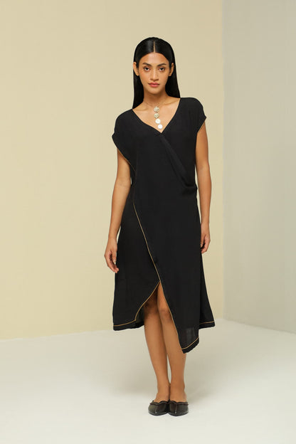 Womens Linen Crepe Fine Black Dress