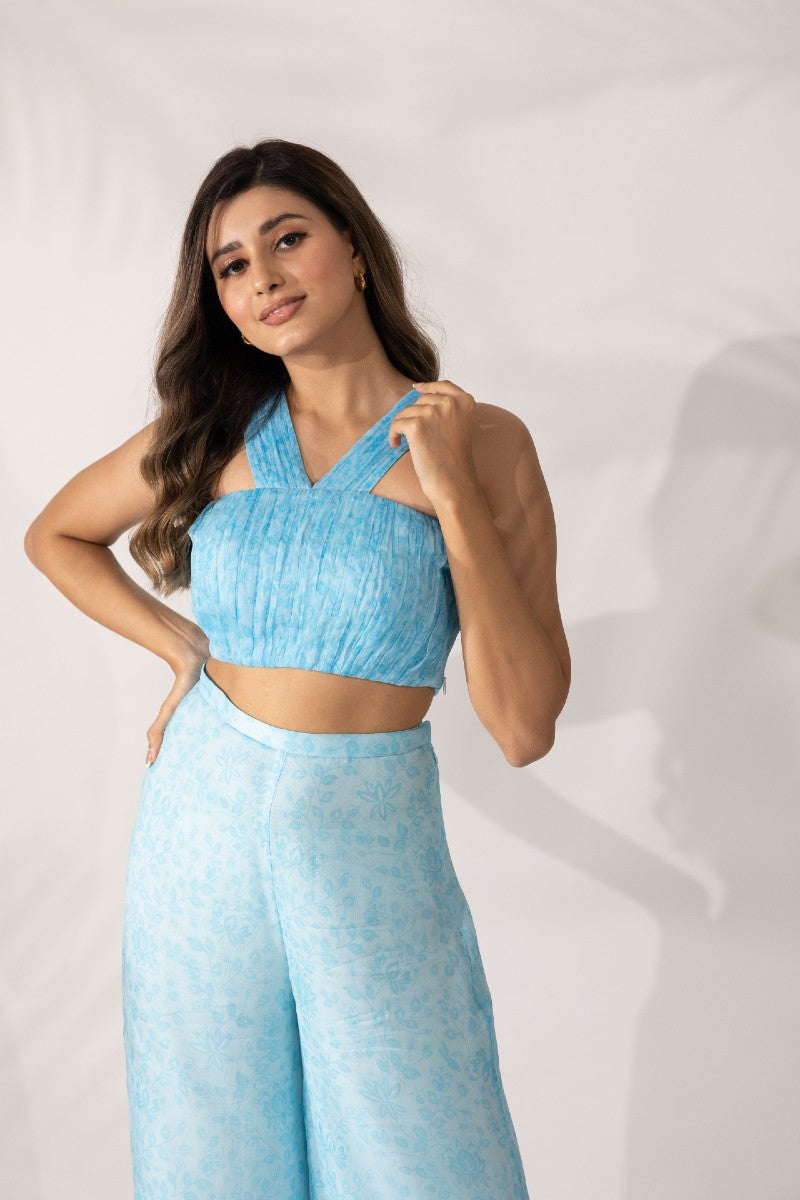 Womens Himalayan Blue Chiffon Crop Top With Pant