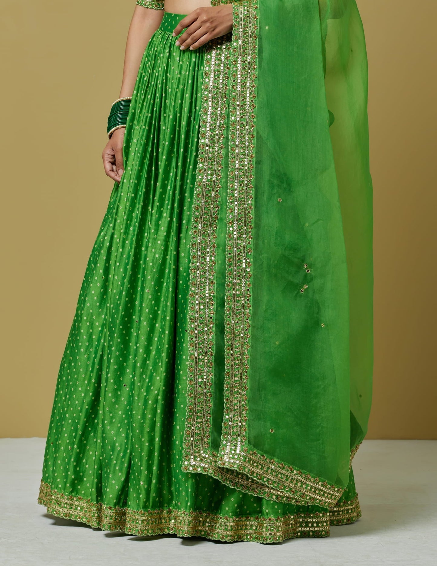 Womens IKB Bandhani Green Chanderi Blouse with Lehenga