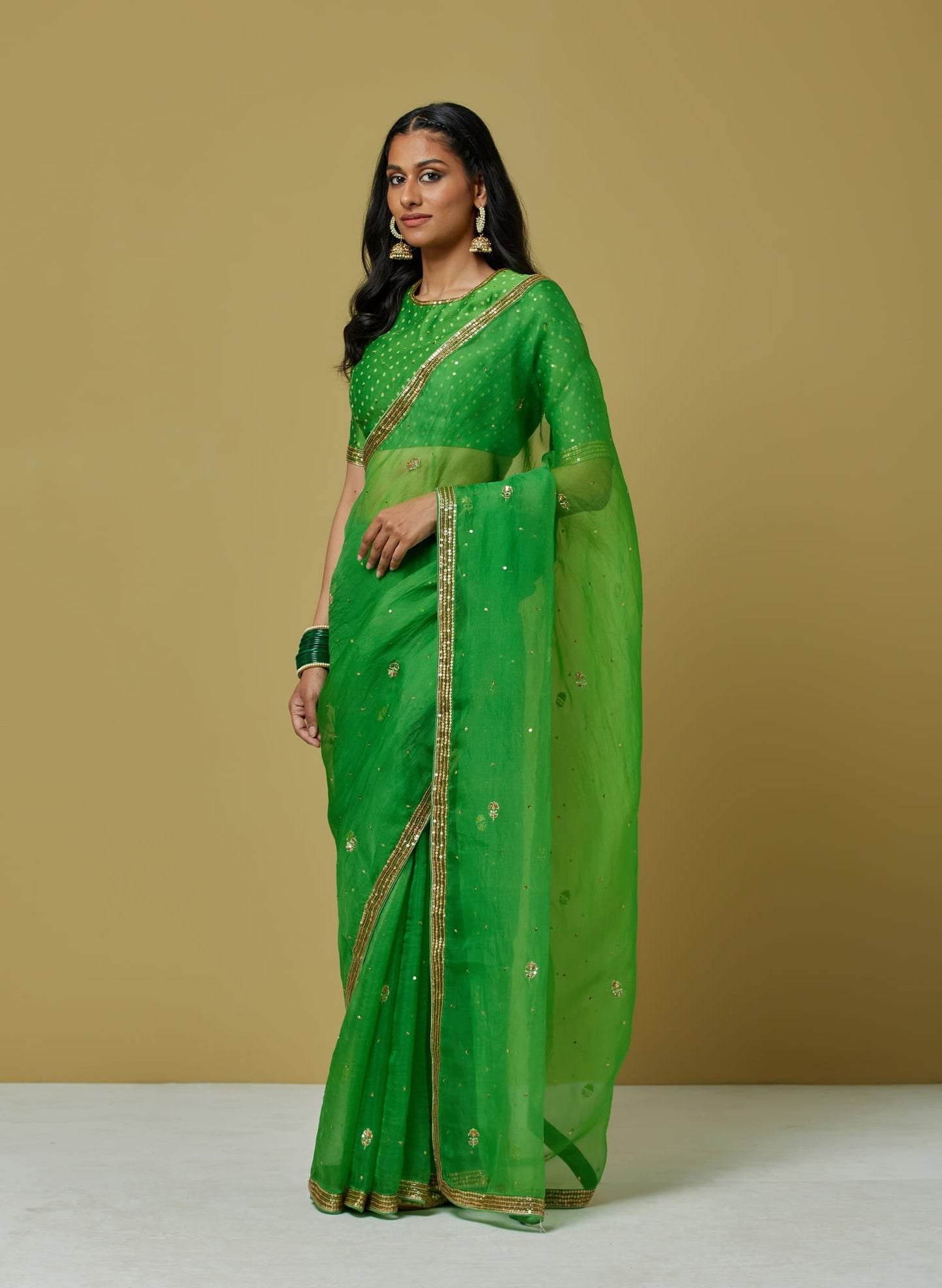 Womens IKB Bandhani Green Organza Saree Set