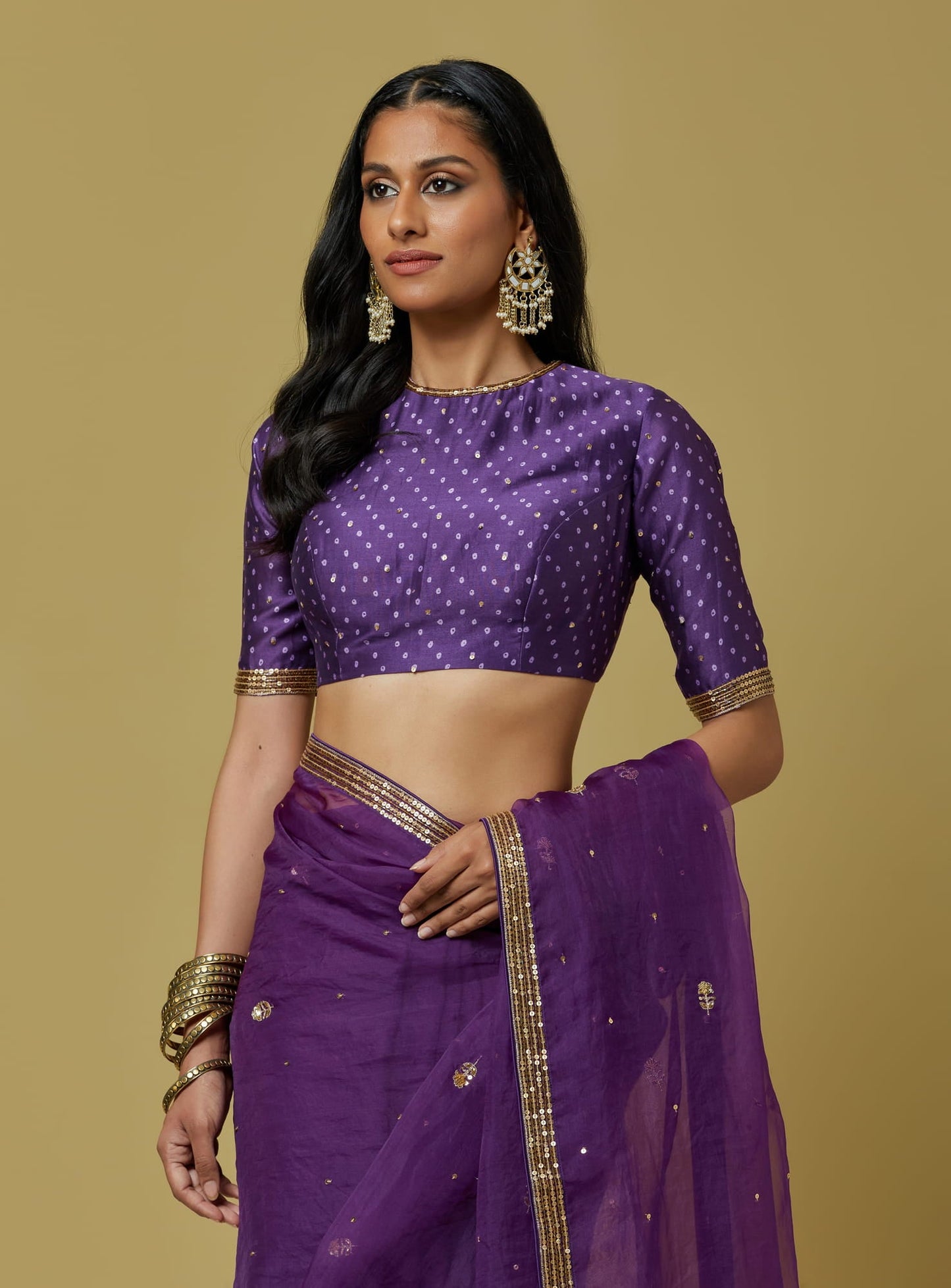 Womens IKB Bandhani Purple Organza Saree Set