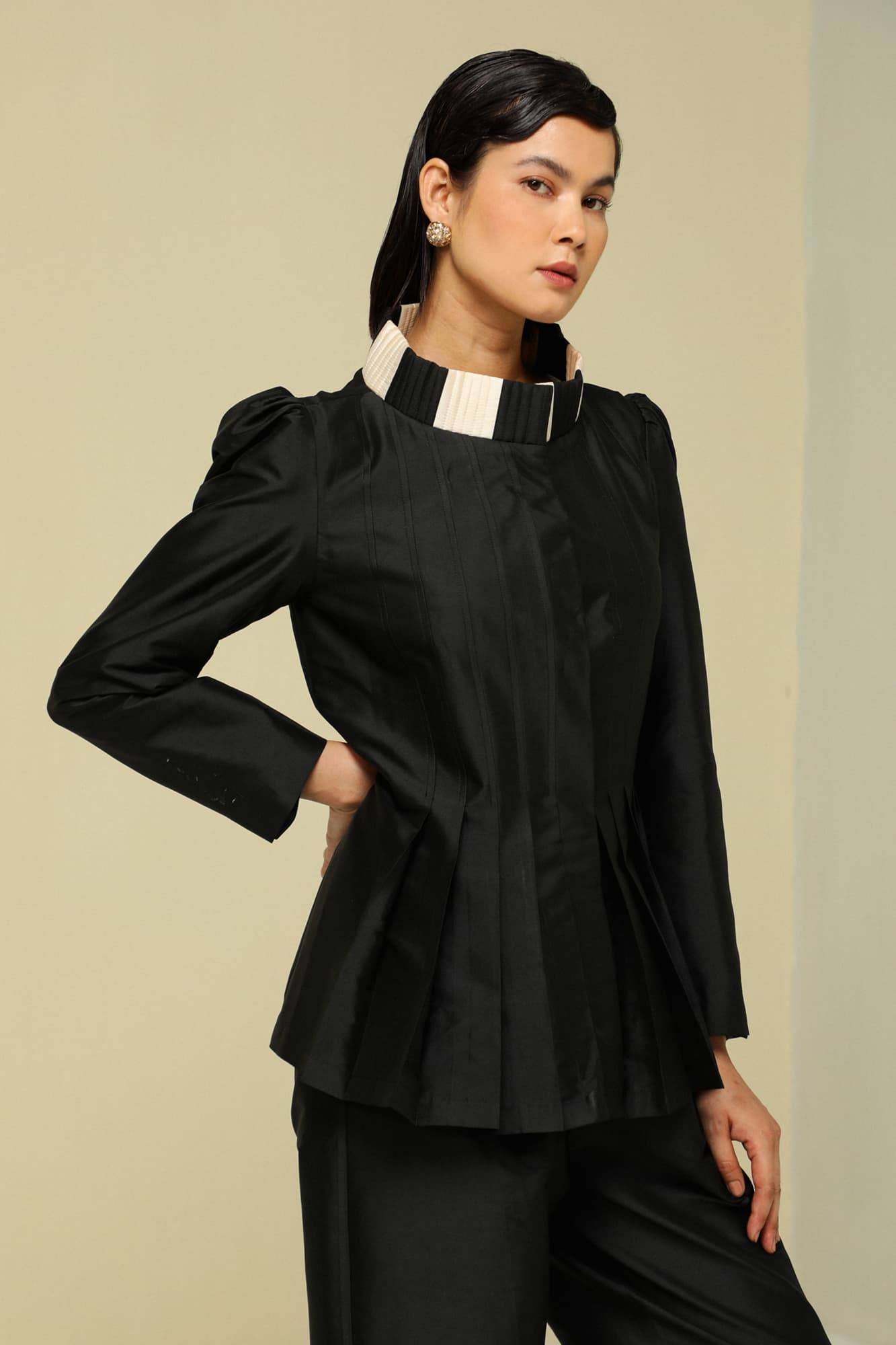 Womens Black Silk Pleat Jacket