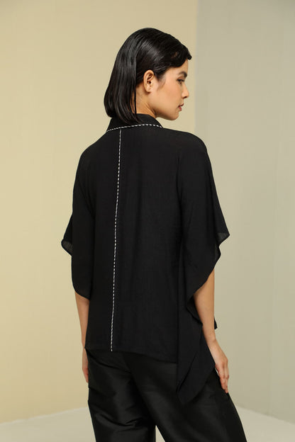 Womens Black Crepe Linen Kaftan Top