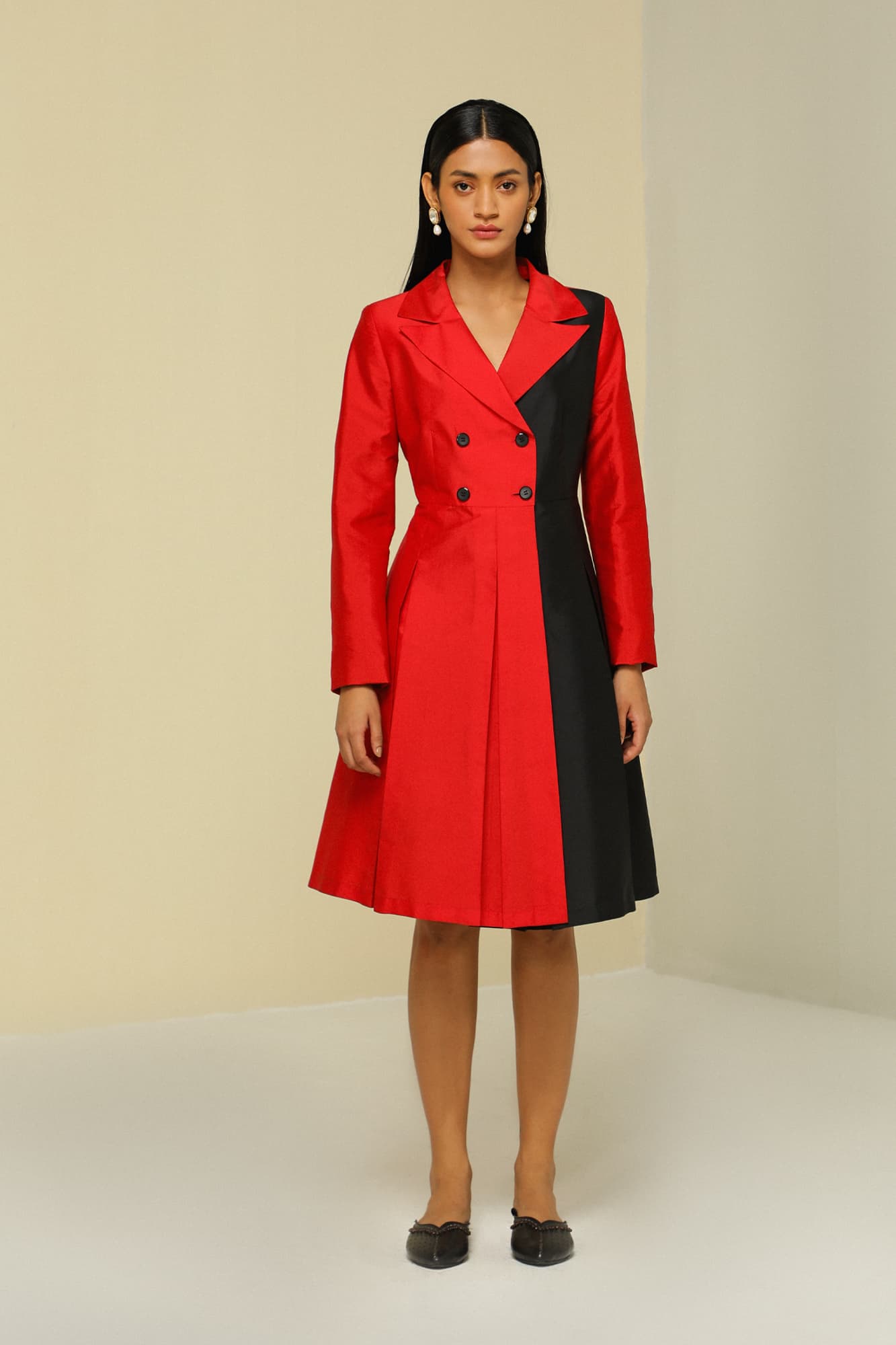 Womens Red And Black Overlap Jacket Dress