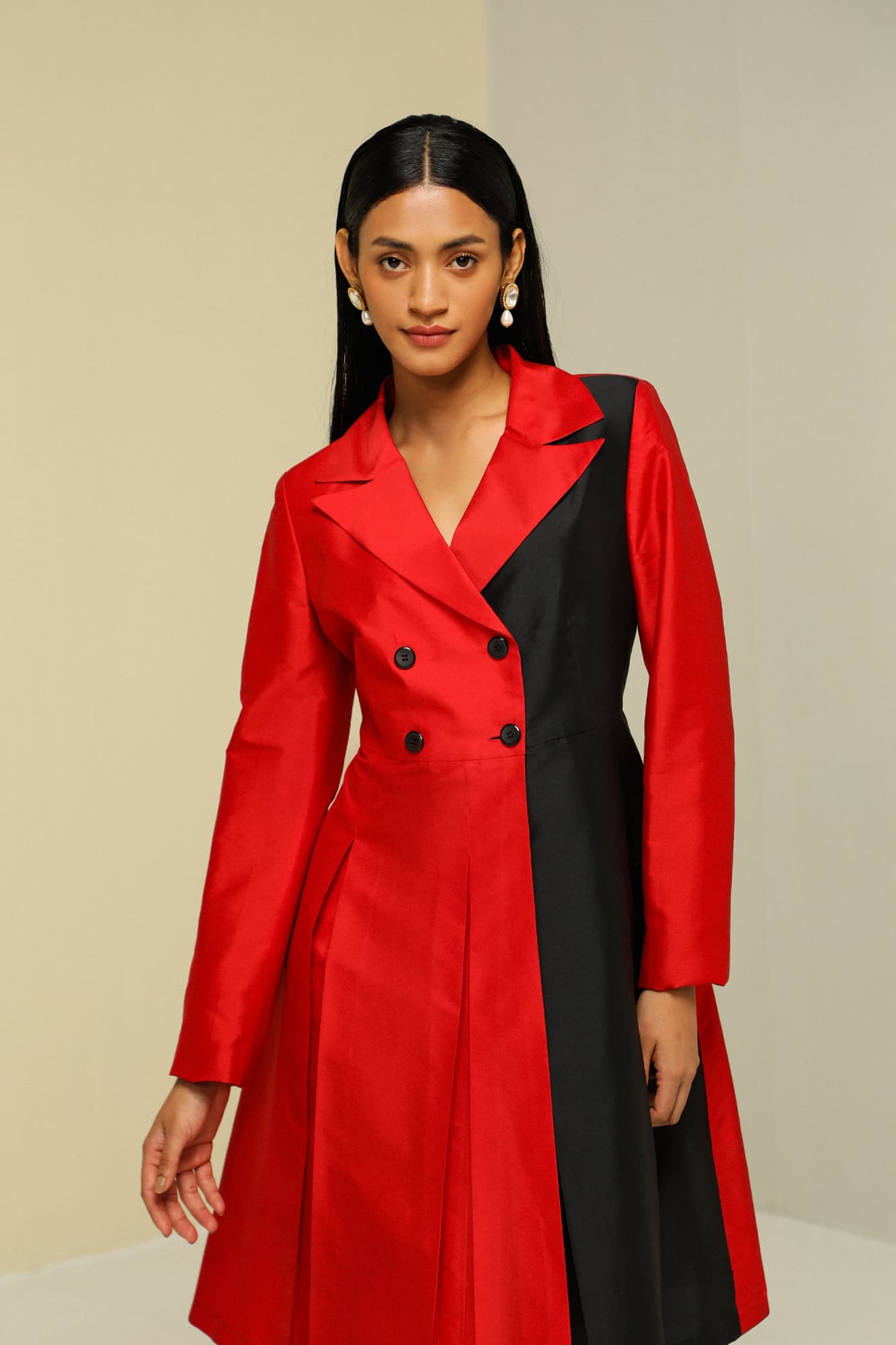 Womens Red And Black Overlap Jacket Dress