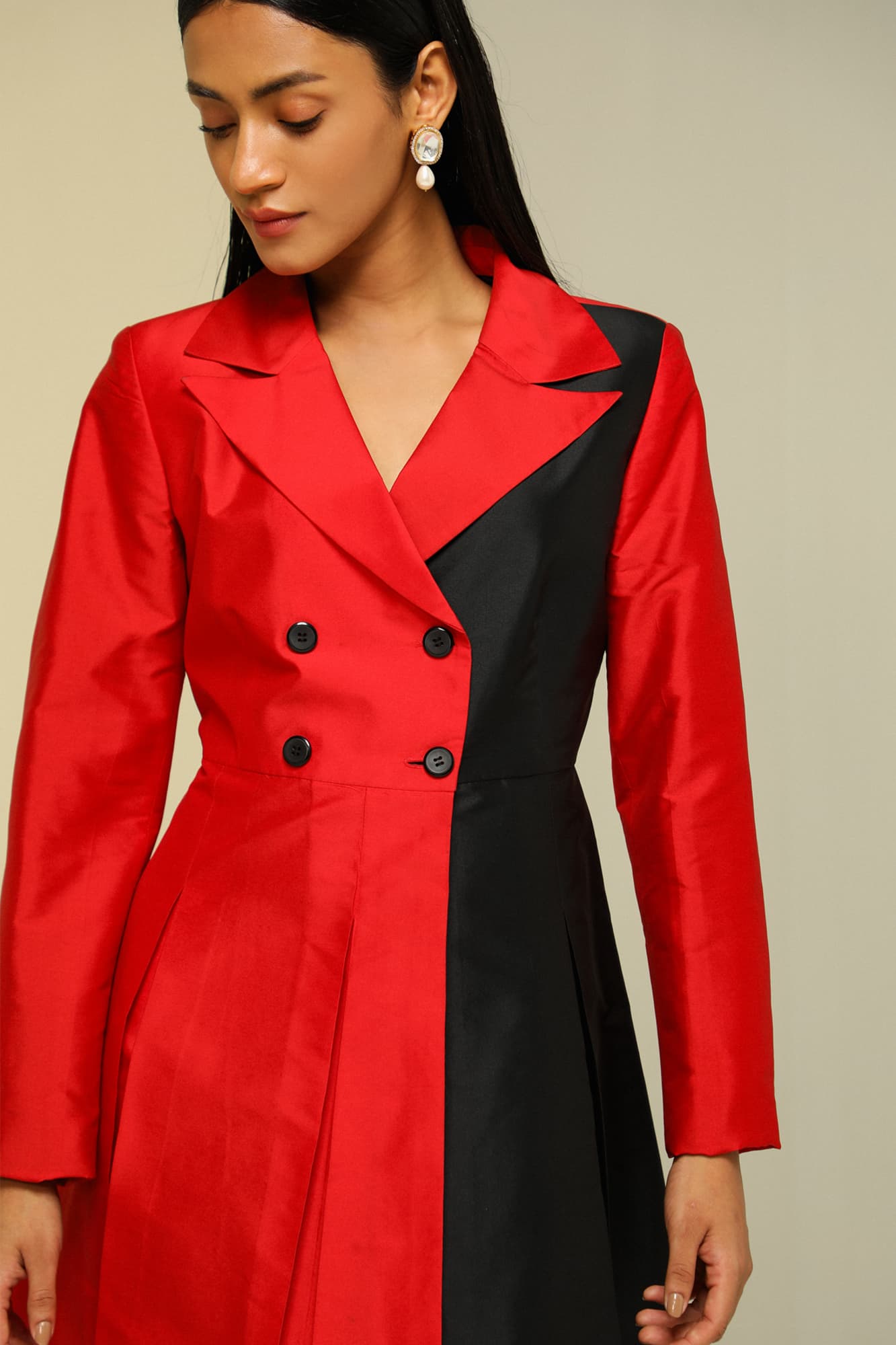 Womens Red And Black Overlap Jacket Dress