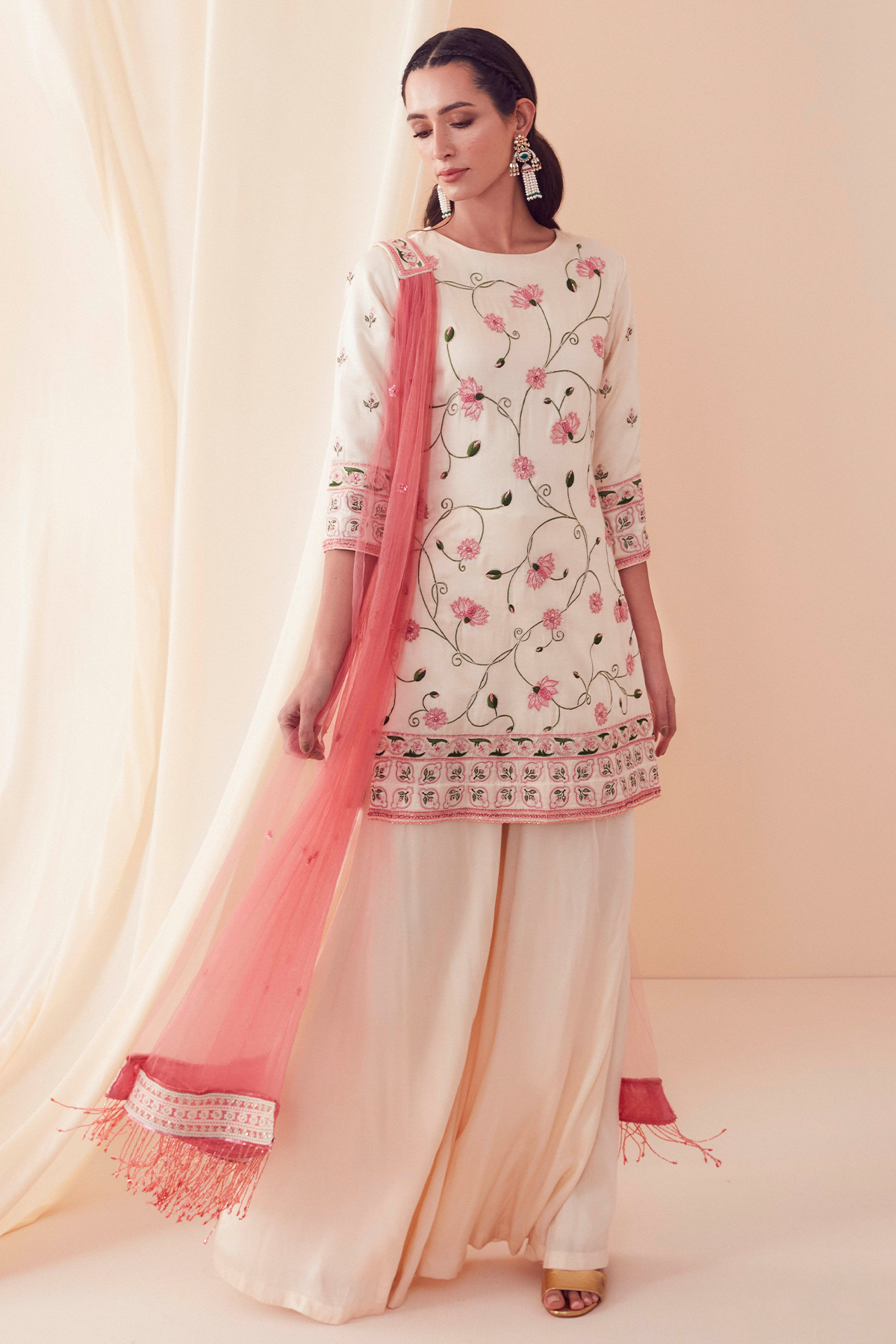 Womens White Satin Sharara Set With Dupatta