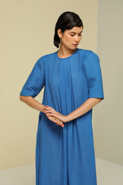 Womens Blue Linen Crepe Easy Breezy Dress