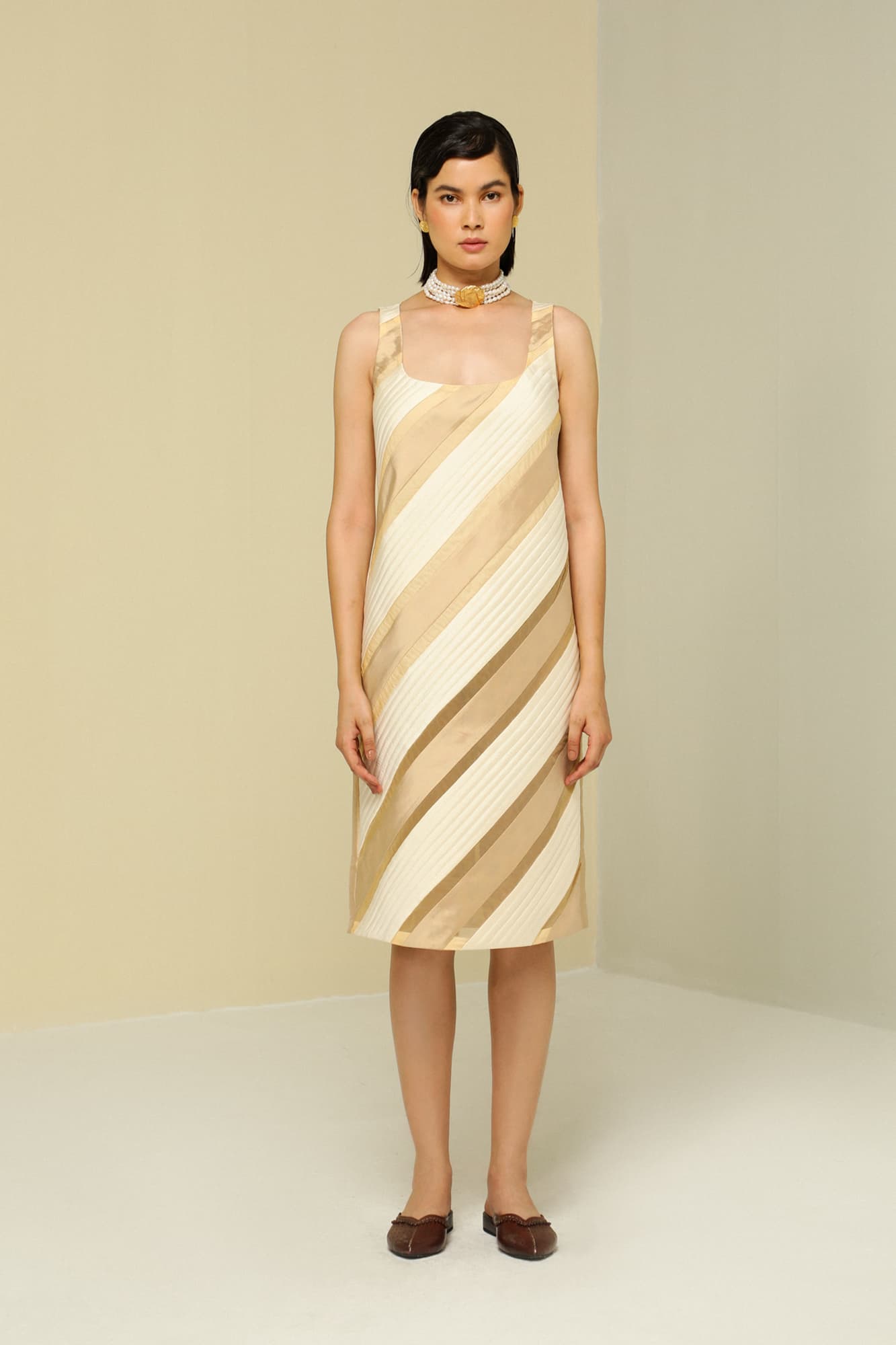 Womens Gold & White Diagonal Dress