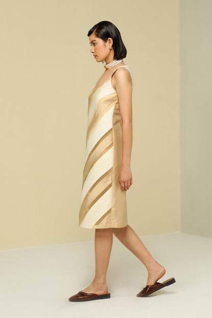 Womens Gold & White Diagonal Dress