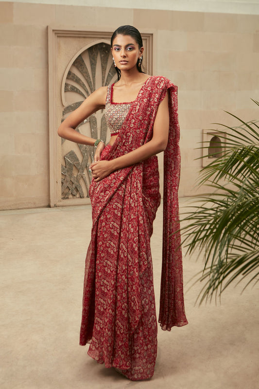 WOMENS RED PRINTED CLASSIC PRE-DRAPED SAREE