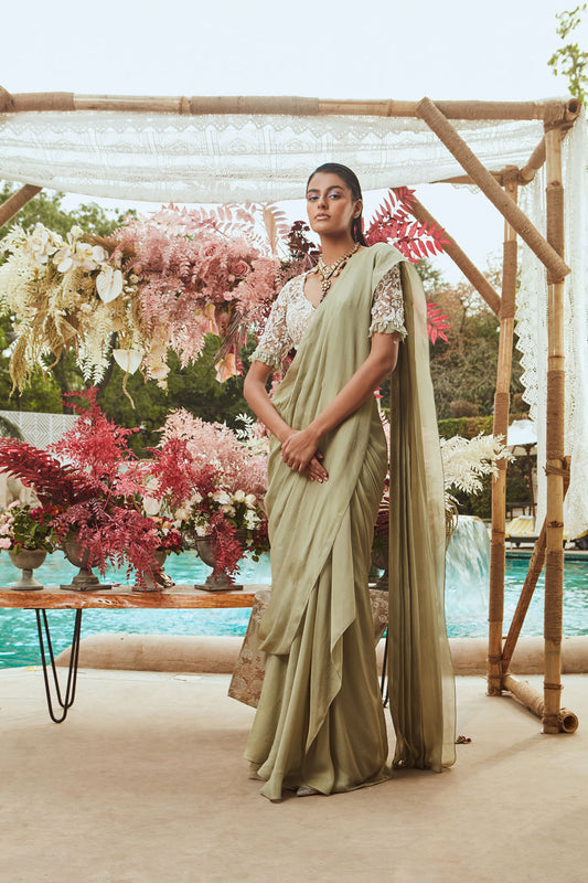 WOMENS SAGE GREEN EMBROIDERED PRE-DRAPED SAREE